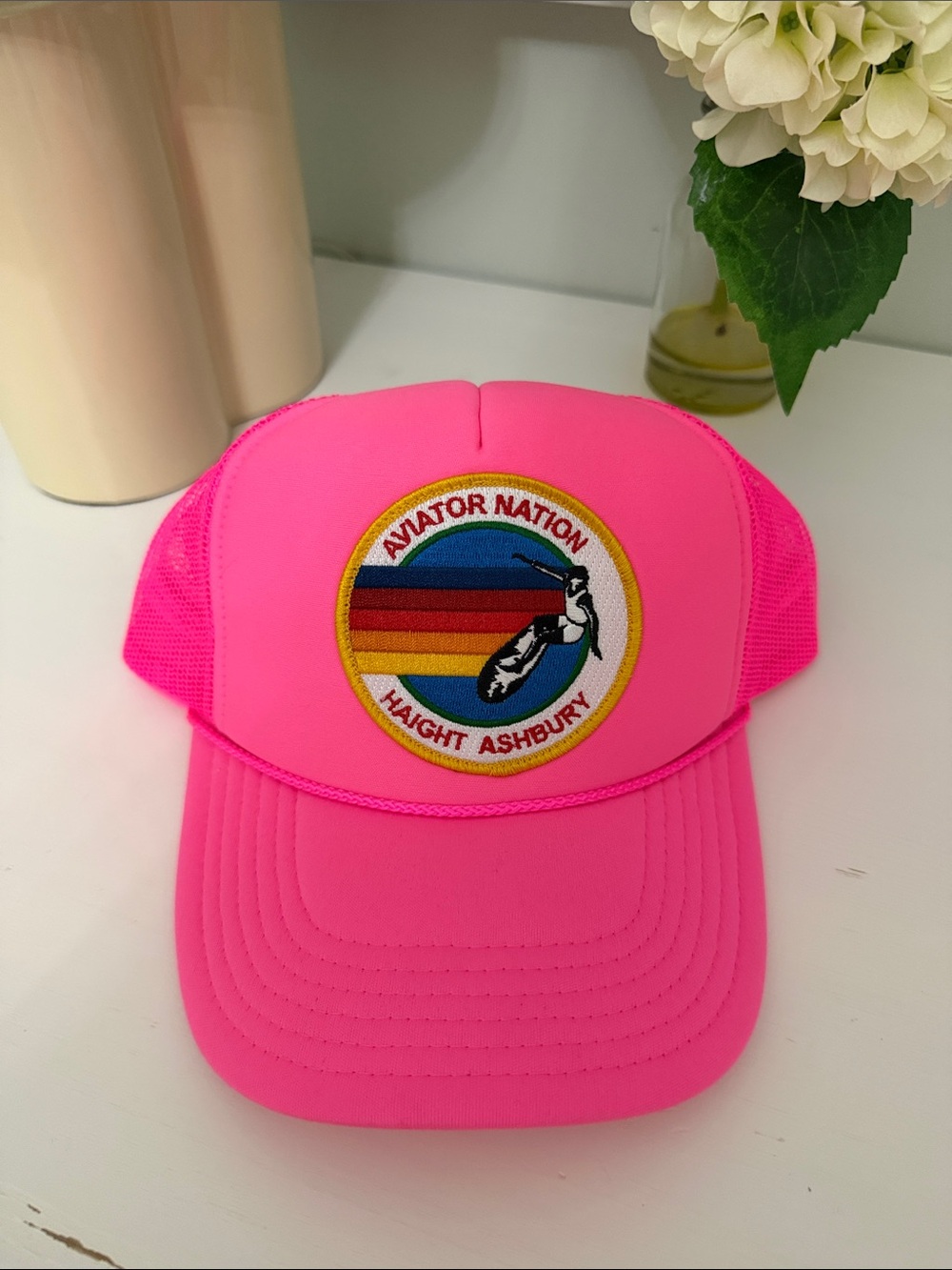 Aviator Nation Neon Pink Trucker Hat with Haight Ashbury Patch